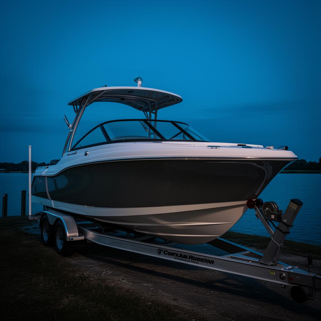 A clean detailed boat on a trailer near the water at dusk
