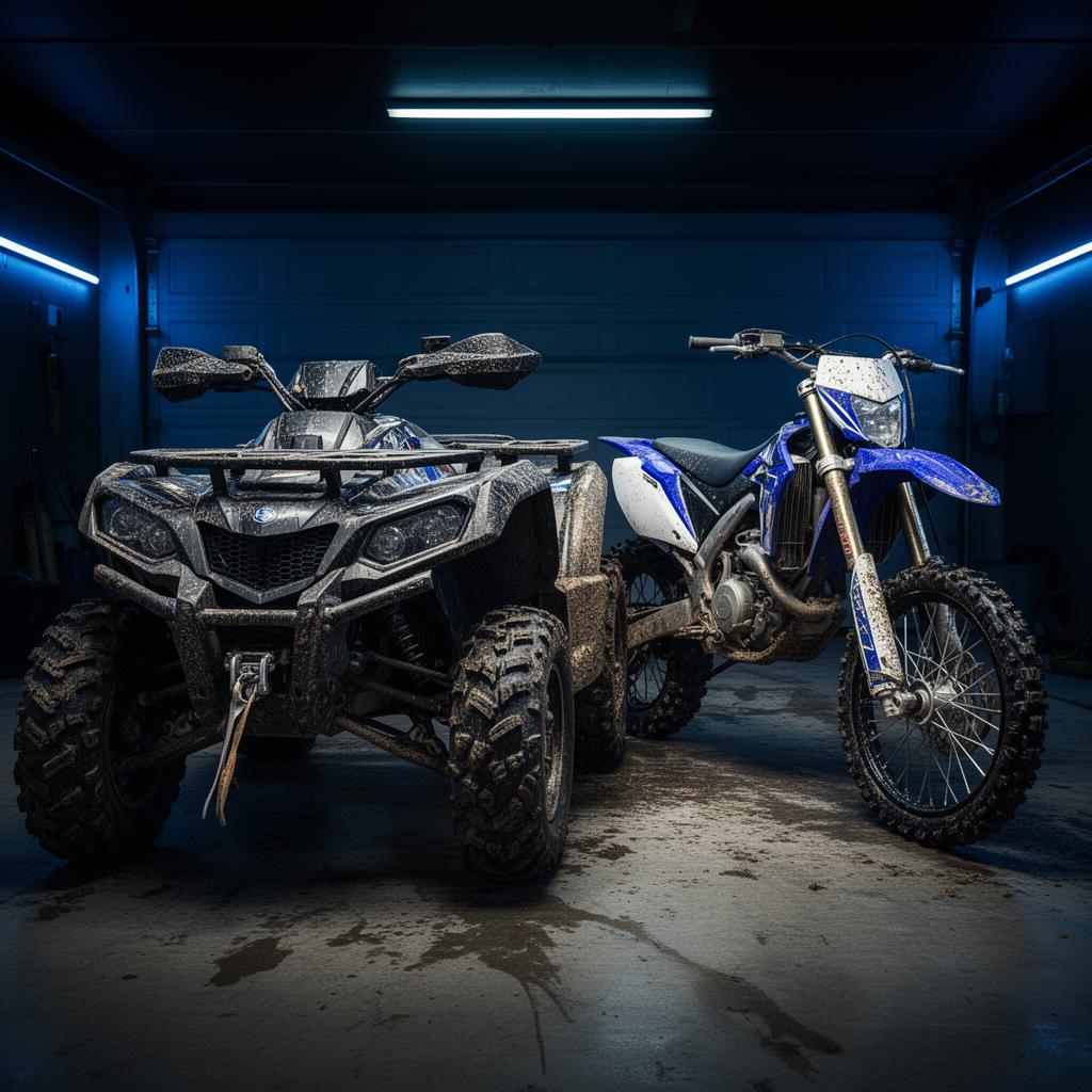 Clean ATV and dirt bike after powersports detailing in a blue-lit garage